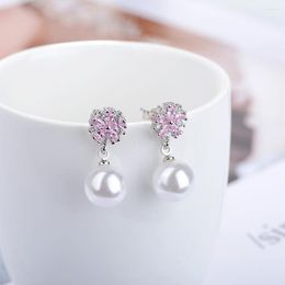 Stud Earrings Cherry Blossom Inlaid Zircon Korean Fashion Jewelry For Girls Pearl Drop Women Sweet Temperament Gift