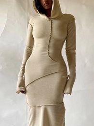 Plus size Dresses LW Size Hooded Bodycon Dress Long Sleeve Patchwork Skinny Maxi Autumn Winter Women Fashion Streetwear 230613