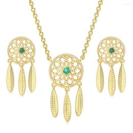 Necklace Earrings Set ZHOUYANG Dream Catcher Sets For Women Retro Ethnic Green Zircon Light Gold Colour Tassel Earring Fashion Jewellery S524