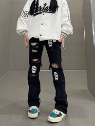 Womens Jeans Grunge Retro Black Pants Hollow Out 80s Aesthetic Vintage Gothic Streetwear Skull Blue Distressed Denim Trousers 230614