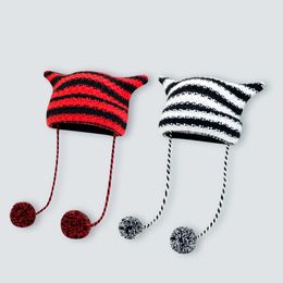 Beanie/Skull Caps Japanese y2k Little Devil Striped Beanies Women Ins Cute Cat Ears Knitted Wool Cap Girl Winter Pointed Pullover Halloween Hats 230614