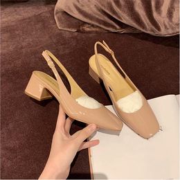 Summer Female Office Lady Sandals Woman Luxury Fashion chunky Heels Women Silver Nude leather Back Strap Pumps Dress Shoes