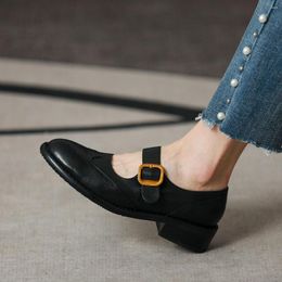 Dress Shoes French Style Women Basic With Buckle Horseskin Comfort Ladies Brogue Real Leather Mary Jane On Med Heel Flats