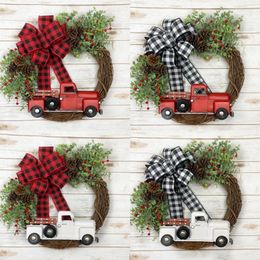Decorative Flowers Truck Christmas Wreath Red Holiday Farm Car Checkered For Door