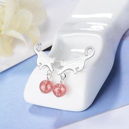 Stud Earrings Strawberry Crystal And Moonstone For Women Korean Fashion Cute Kitten Ladies Chinese Jewellery Wholesale