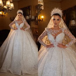 Luxury Ball Gown Wedding Dresses Jewel Shining Sequins Designer Long Sleeves High Waist Backless Court Gown Custom Made Plus Size Bridal Gown Vestidos De Novia