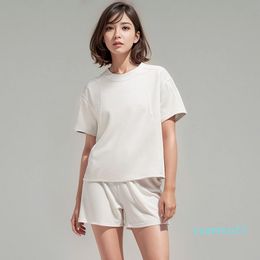 Womens ll Yoga T-shirt Summer Top Womens Ribber Round Collar Ribbing Short Sleeve Elastic Breathable Sports Fitness Solid Color222