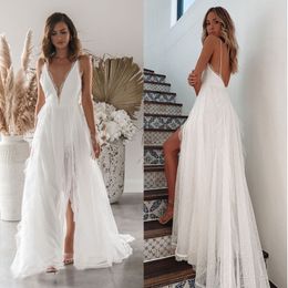 Lace Splice White Long Dress Beach Deep V Neck Sexy Summer Sundress Boho Slit Max Size Dresses Women Sleeveless Wedding