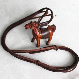 Charms Carved Three-dimensional Mahogany Horse Pendant Leather Rope Small Wooden Necklace Sweater Chain Gift Zodiac