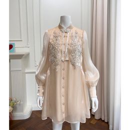 2023 sommer Champagner Einfarbig Perlen Kleid Langarm Stehkragen Pailletten einreiher Mini Casual Kleider J3L127729