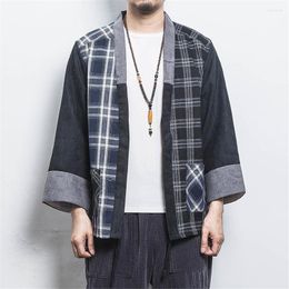Men's Casual Shirts Kimono Shirt Men Harajuku Vintage Cardigan Male Japanese Style Plaid Patchwork Spring Autumn