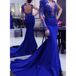 Sexy Backless Mermaid Prom Dresses Royal Blue Long Sleeves Formal Evening Gowns With 3D Floral Lace Appliques Pearls Beaded Women Special Occasion Wear 2023