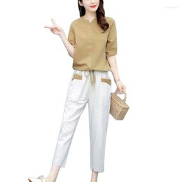Women's Two Piece Pants Ladies Cotton Linen Outfit Summer 2023 Women Short Sleeve Jacket Cropped Fashion Female Splicing Set