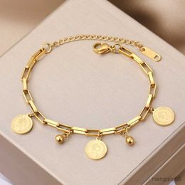 Bracelets Gold Colour Chain Bracelet for Women Men Empress Coin Pendant Stainless Steel Fashion Jewellery R230614