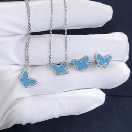 Bröllop smyckesuppsättningar 925 Sterling Silver Blue Turquoise Butterfly Studörhängen Halsband Armband Ladies Fashion Märke Lyxiga smycken Set 230613