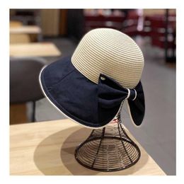 2021 designer bucket hat with string casquette french women bow elegant straw hats seaside vacation casual spring fall fashion cap271a