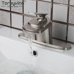 Bathroom Sink Faucets Torayvino Solid Brass Nickel Brushed Waterfall Basin Single Handle Faucet Mixer Tap Deck Mount With Cover Plate