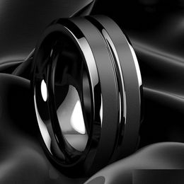 Band Rings Exquisite 8Mm Mens Jewellery Tungsten Carbide Ring Black Groove Matte Stainless Steel Wedding Engagement Party Anniversary Dhnc9