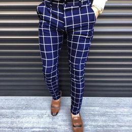 Men's Pants Fashion Men Plaid Print Trousers Casual Business Slim Fit Zipper Long Skinny Pencil