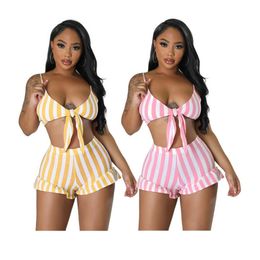 Designer Tracksuits Two Piece Sets Summer Women Clothes Sexy Spaghetti Strap V Neck backless Crop Top and Shorts Casual Striped 2pcs suits Bulk Wholesale 9950