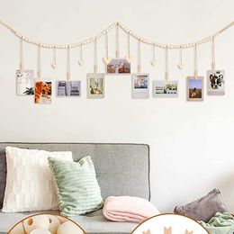 Garden Decorations Wall Hanging Photo Display with Wooden Beads Garland Picture Card Frame for Home Decor Living Room Bedroom 138cm