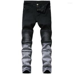 Men's Jeans Men's Product Trend Gradient Two-color Stitching Black White Skinny Biker Denim Trousers Knee Fold Motorcycle