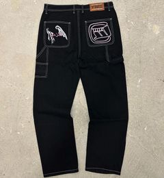 Женские джинсы Y2K Женщины панк черные вышивающие джинсы Хип -хоп Бэкги с высокой талией джинсы Тенденция
