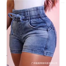 Women's Shorts 2023 Sexy Lace Up Rubber Waist Slim Fit Denim Women Fashion Blue Jean