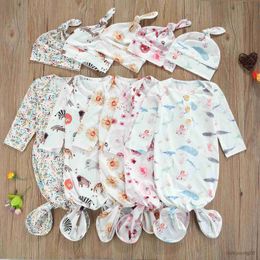 Sleeping Bags 5 Colours Newborn Baby Girls Bags+Hats Patterns Print Round Neck Long Sleeve Sleepwear R230614