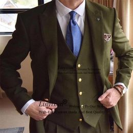 Men's Suits Fashion Army Green Groom Tuxedos Slim Fit Mens Wedding Tailor Made Groomsmen Prom Party Blazer 3 Piece Set Costume Homme
