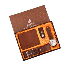Wristwatches Men's Brown Quartz Watch 4pcs/set Gift Box Wallet Belt Keychain Beautifully Packed Watches Valentine's Day
