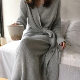 Women's Knits 2023 Korean Belted Long Sweater Sexy V Kneck Cardigan Knitted Dress Autumn Fashion Casual Solid Color Knitwear Elegant