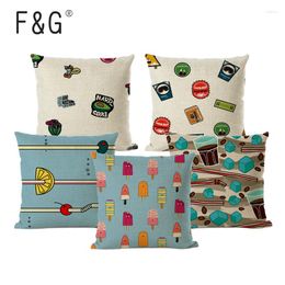 Pillow Summer Cool Drink Cartoon Cover Soda Ice Cream Printed Cotton Linen Office Waist Car Sofa Decoration Case