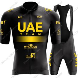 Cycling Jersey Sets Black UAE Team Golden Cycling Jersey Set Short Sleeve Mens Clothing Road Bike Shirts Suit Bicycle Bib Shorts MTB Maillot 230613