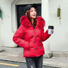 Women's Trench Coats Nice Winter Women Short Jacket With Zipper Slim Plus Size Hooded Woman Parkas Printing Thick Fur Collar Casual Overcoat