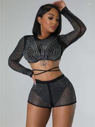 Women's Tracksuits IDress Mesh Rhinestone Two Piece Outfits For Women Shorts Set Sexy Long Sleeve Bandage Crop Top And Suit 2 Pcs Clubwear