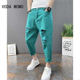 Men's Jeans Japanese Trend New Men's Ripped Hole Jeans White Green Black Ankle Length Youth Fashion Loose Denim Harem Cargo Pants
