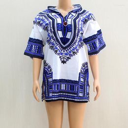 Ethnic Clothing Dashiki African V-Neck White Blue Short Sleeve Pockets Indie Folk 2023 Design Cotton