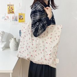 Storage Bags Canvas Bag Shopping Fashion Cherry Print Cotton Large Capacity All- Reusable Korean Simple Style Small Fresh