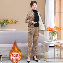 Women's Two Piece Pants Women Wool Padded Jacket And Cotton Trousers Two-Piece Ethnic Style Thickened Mom's Autumn Winter Warm Sets