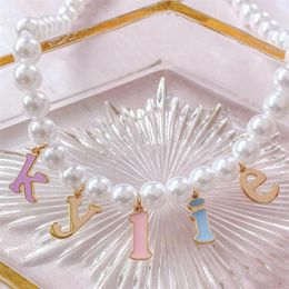 Chains Candy Color Initial Letters Pearl Choker Necklace For Women White Imitation Name Alphabet Necklaces Jewelry Gift Girls