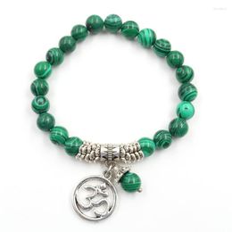 Charm Bracelets FYJS Unique Silver Plated 3D Symbol Connect Malachite Stone Round Beads Elastic Bracelet Rock Crystal Jewellery