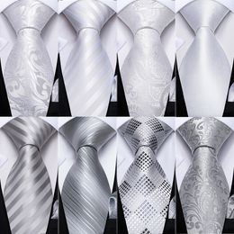 Neck Ties DiBanGu Designer White Gray Sliver Men's Ties Hanky Cufflinks Set Silk Neck ties For Men Wedding Party Business Mens Tie 230613