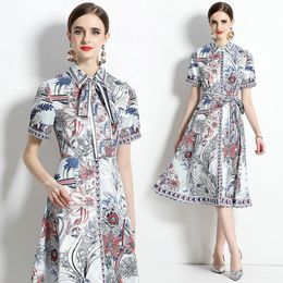 Boutique Women Printed Dress Short Sleeve Dress 2023 Summer Dress High-end Trend Lady Bow Dresses OL Runway Dresses
