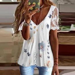 Women's Blouses Sexy Deep V Neck Hollow Office Spring Floral Print Women Tops Pullover Summer Embroidery Lace Sleeve Female Shirts Mujer