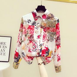 Women's Blouses Retro Floral Print Blouse Women High Quality Satin Long Sleeve All Match Chic Design Spring Summer Top Shirts 2023