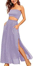 Designer New Women's 2 Piece Outfit Polka Dots Crop Top and Women's Two Piece Pants Long Skirt Set with Pocket Purple