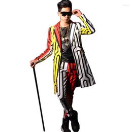 Men's Suits Male Print Long Slim Fit Suit Blazer Coat Trouser Custom Fashion Hip Hop Stage Costumes Casual Jacket Pant Men Clothing