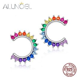 Ear Cuff ALLNOEL Real 925 Sterling Silver Stud Earrings for Women C Shape Colourful Rainbow Zircon Crystal Trend Wedding Gift Fine Jewellery 230614