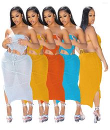 Work Dresses Sexy Crochet Dress Tube Top Beach Wear 2 Piece Skirt Set Summer Clothing For Women Knit Strapless Bandage Tassels Sweater Sets